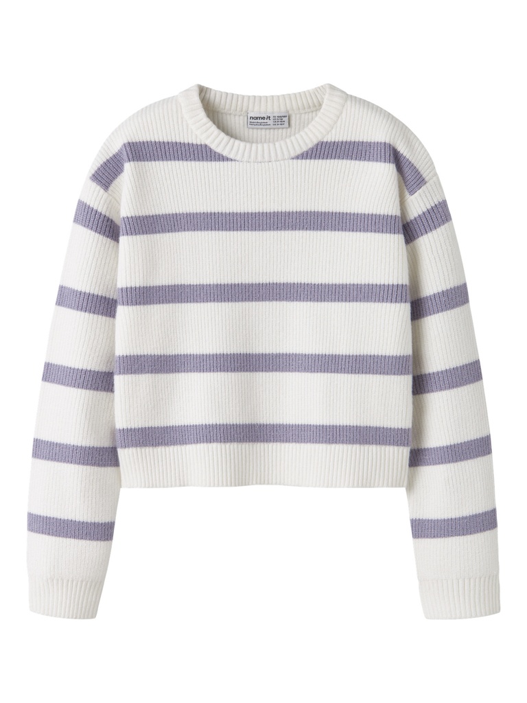 NAME IT KIDS - NKF VNILLA LS SH KNIT - Cloud Dancer W. LAVENDER GRAY STRIPES
