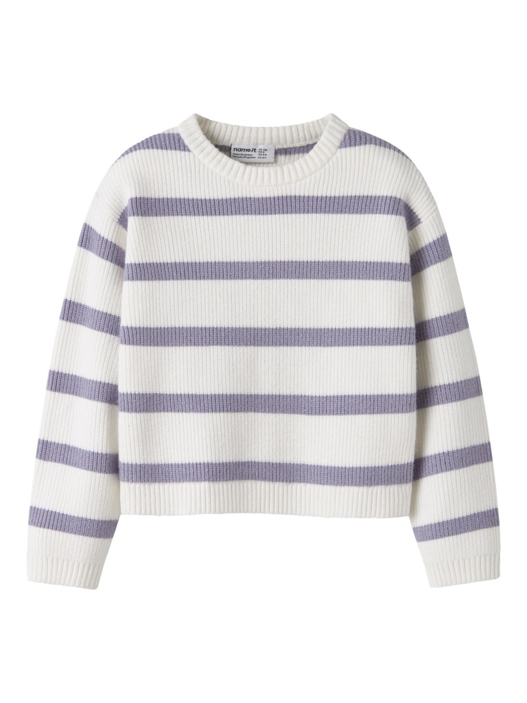 NAME IT MINI - NMF VNILLA LS SH KNIT - Cloud Dancer W. LAVENDER GRAY STRIPES