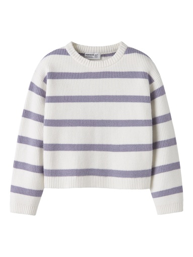 NAME IT MINI - NMF VNILLA LS SH KNIT - Cloud Dancer W. LAVENDER GRAY STRIPES